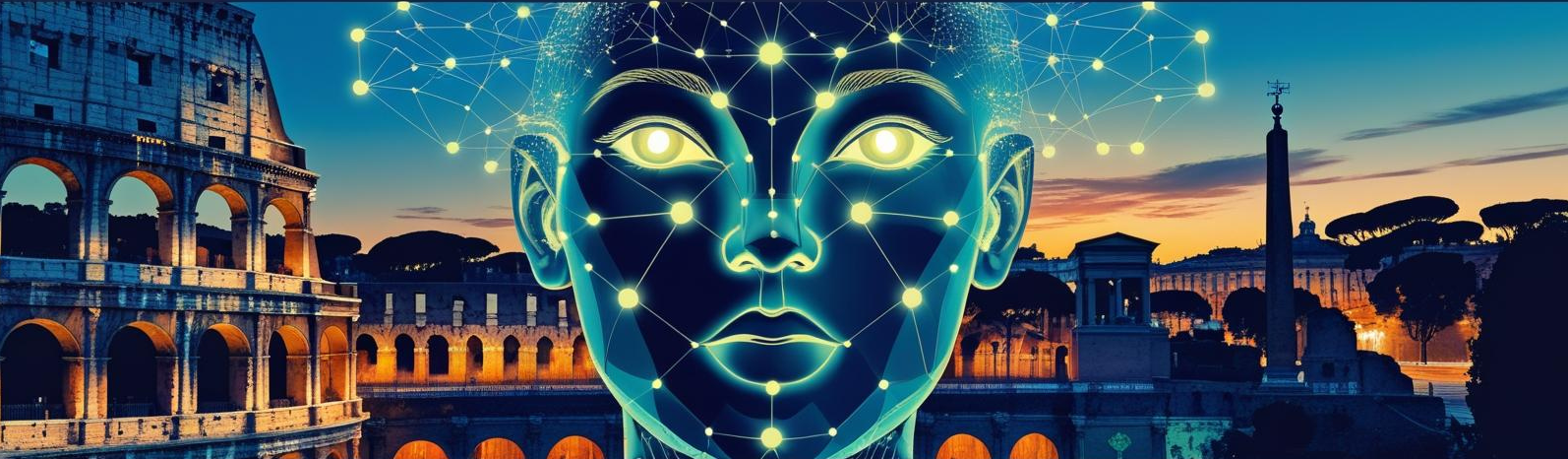 Illustrazione della skyline di Roma con elementi di intelligenza artificiale