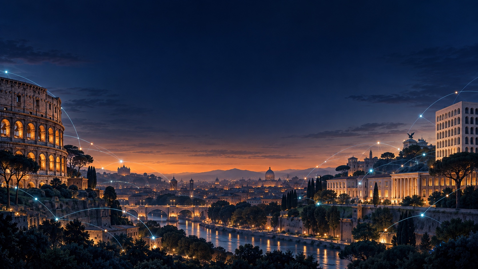 Panorama di Roma al crepuscolo attraversato da connessioni luminose che rappresentano l'ecosistema dell'intelligenza artificiale