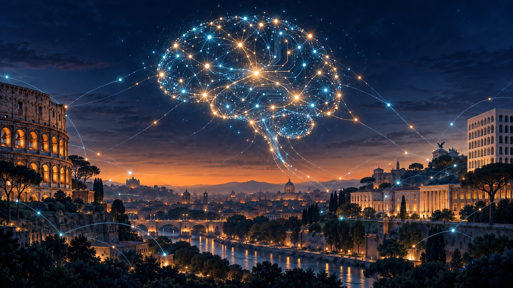 Illustrazione dello skyline di Roma al crepuscolo con una rete neurale luminosa che sorge sopra i monumenti